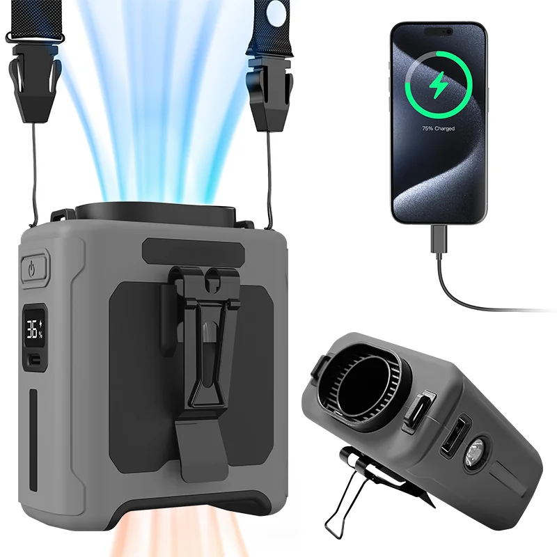 Outdoor Power Fan - ไฟ LED แขวนคอลมแรงทํางานกลางแจ้งพัดลม USB 10000mAh แบบพกพาเอวพัดลมพัดลมระบายความร้อน