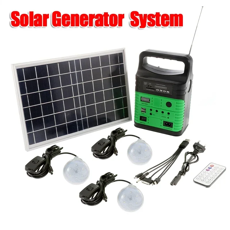 Outdoor Power Source - ตั้งแคมป์แบบพกพาระบบเครื่องกำเนิดไฟฟ้าพลังงานแสงอาทิตย์แผงโซลาร์เซลล์ + วิทยุ + หลอดไฟ3หลอด +