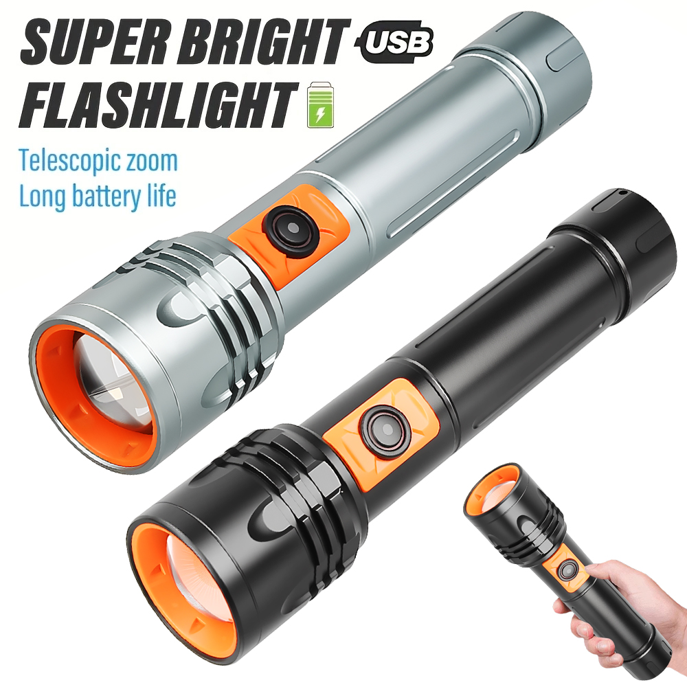 Outdoor Power For Camping - ไฟฉาย LED พลังงานสูงไฟฉายแบบชาร์จไฟได้ USB พร้อมซูมแบบยืดไสลด์โคมไฟยุทธวิธีซุปเปอร์ไบรท์สำหรับตกปลาตั้งแคมป์กลางแจ้ง