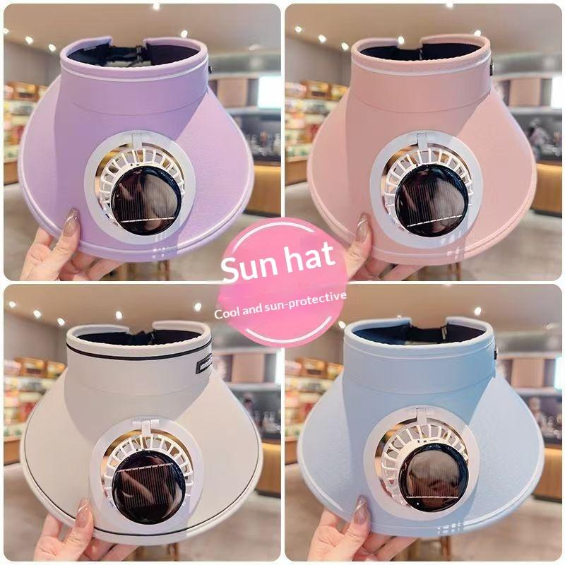 Outdoor Power Fan - หมวกปีกกว้างพร้อมพัดลมระบายอากาศ พัดลมพลังงานแสงอาทิตย์ หมวกกันแดดแบบเปิดด้านบน หมวกกันแดดชายหาดสำหรับผู้หญิง